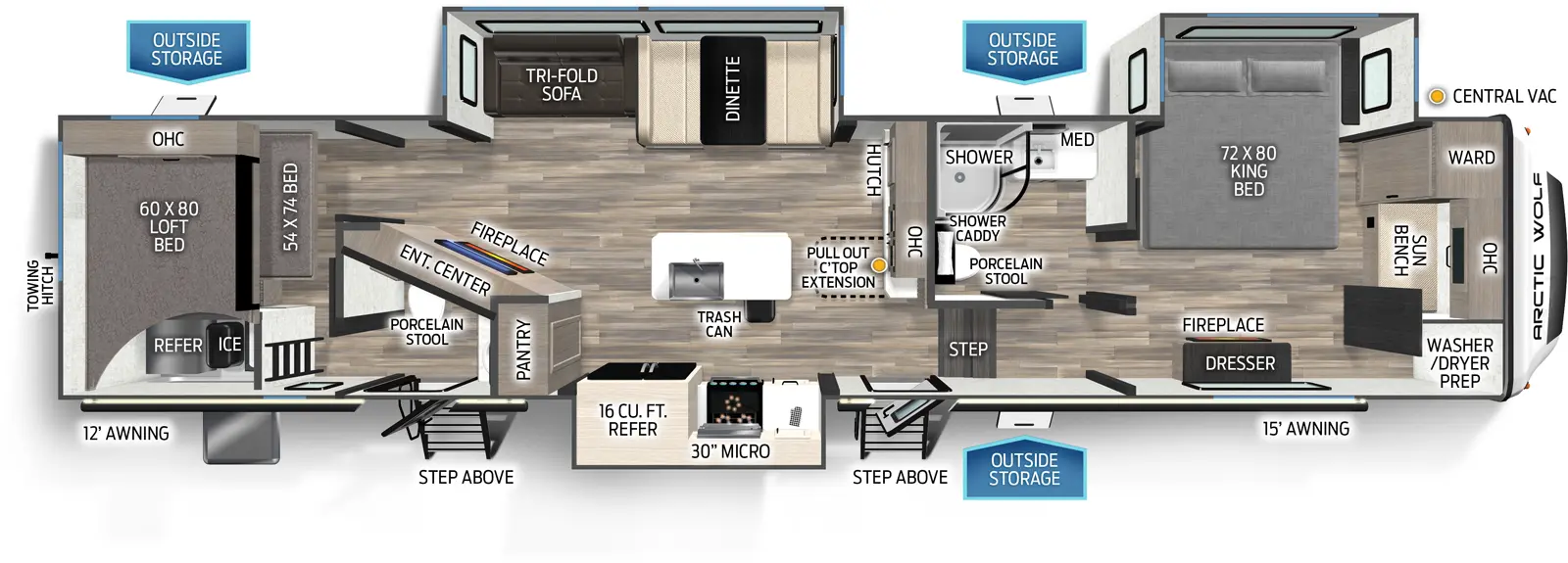 The 3750SUITE has three slideouts and two entries. Exterior features 12 foot and 15 foot awnings, outside storage, step above entry steps, and rear towing hitch. Interior layout front to back: front sun bench with overhead cabinet, wardrobe and closet with washer/dryer prep, off-door side king bed slideout, and door side dresser with fireplace below; off-door side full bathroom with porcelain stool, medicine cabinet, and shower caddy; door side steps down to main living area and entry; kitchen counter with pull-out countertop extension, central vacuum, overhead cabinet, and hutch along inner wall; off-door side slideout with dinette and tri-fold sofa; door side slideout with kitchen counter with cooktop, overhead cabinet with microwave, and refrigerator; kitchen island with sink, and trash can; pantry, entertainment center and fireplace along inner wall; rear bunk room with door side half bathroom with porcelain stool and second entry, and rear bed with loft bed and overhead cabinet above.